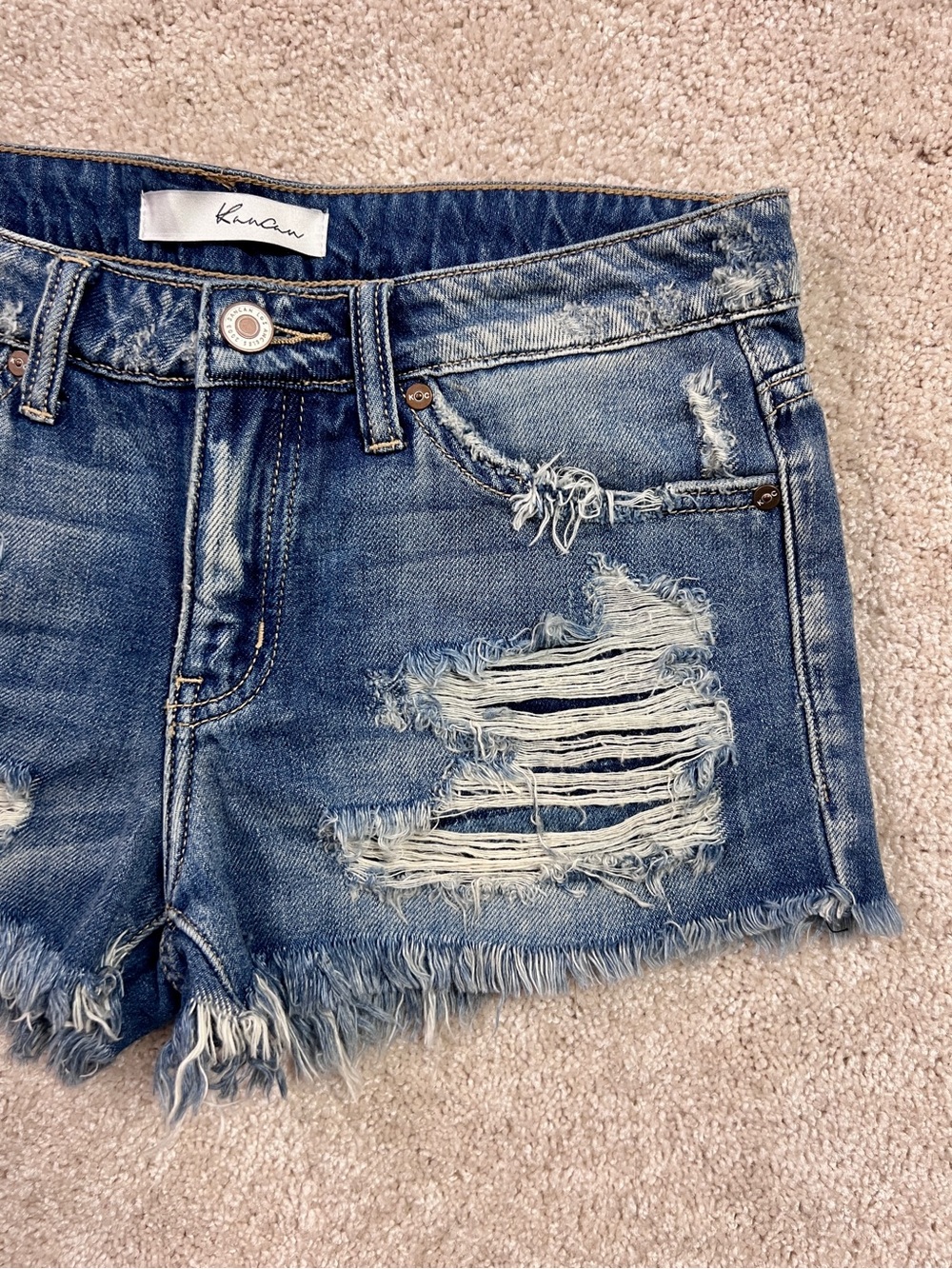 KanCan Mid Rise Boyfriend Denim Shorts Size S 29in Heavy Distress Frayed Hem - Picture 2 of 12